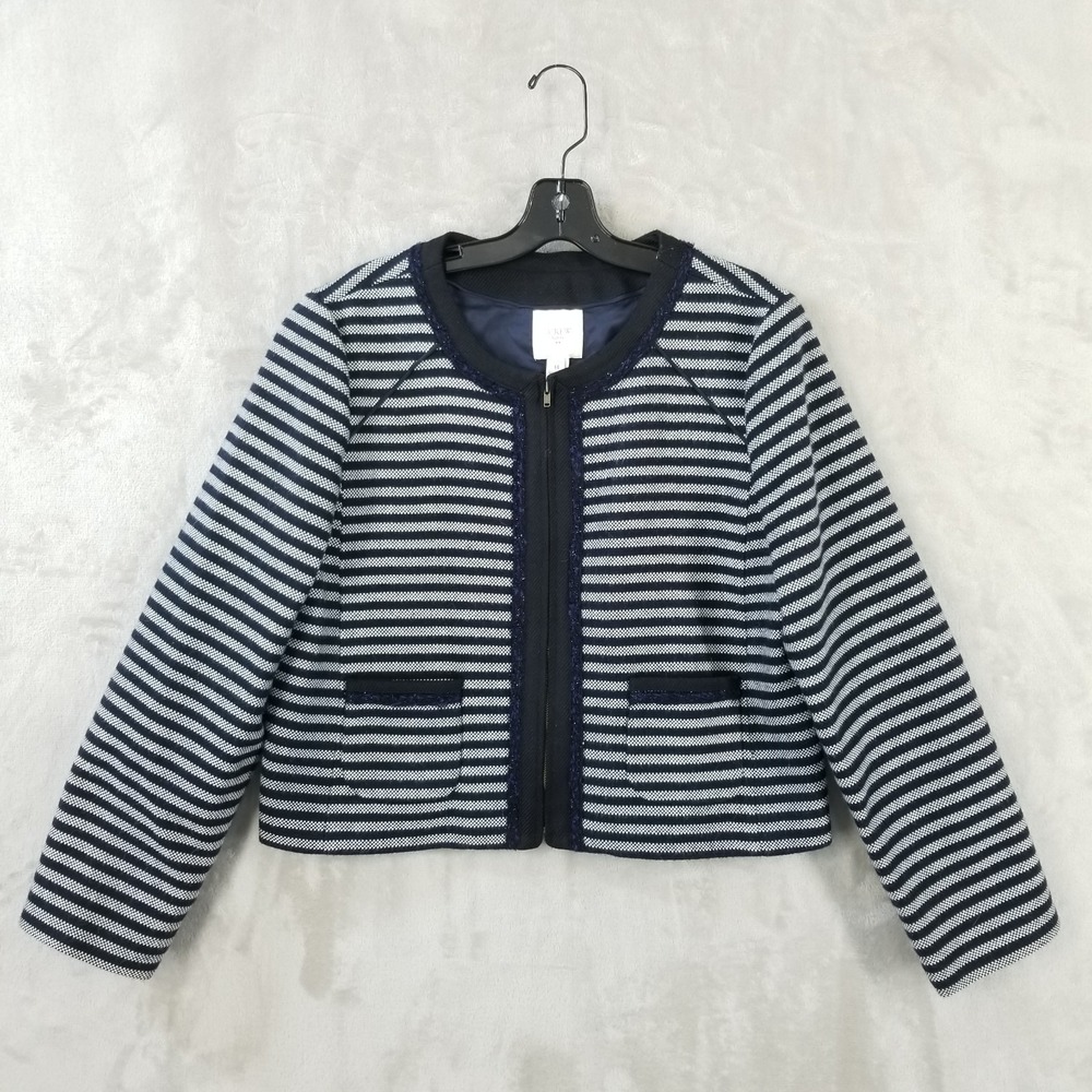 J Crew Blazer Women 14 Striped Tweed Cropped Jacket Wool Blend Full Zip Career